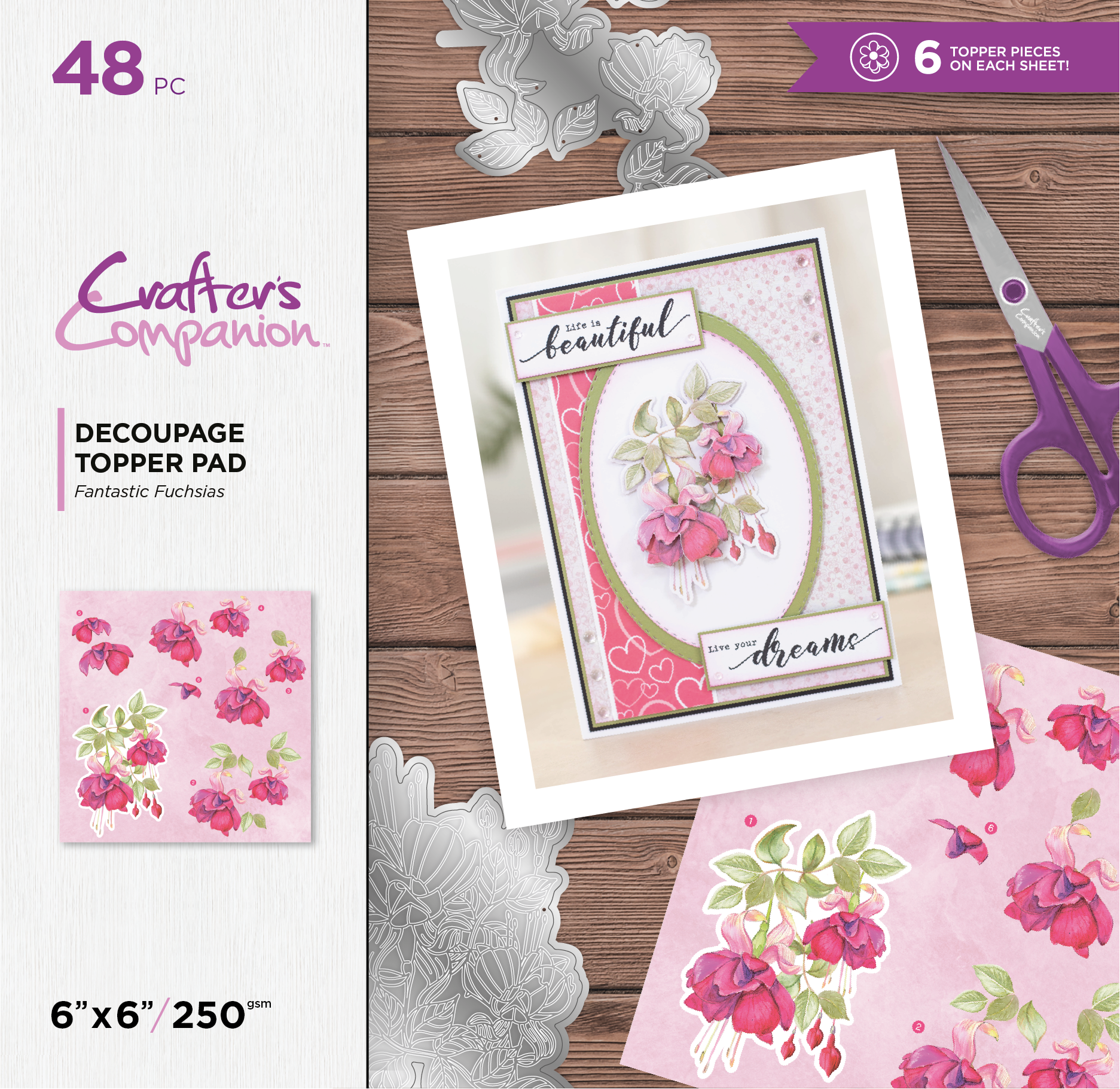 Crafter's Companion Floral Decoupage Pad, Stamp & Die - Fantasic Fuchsias