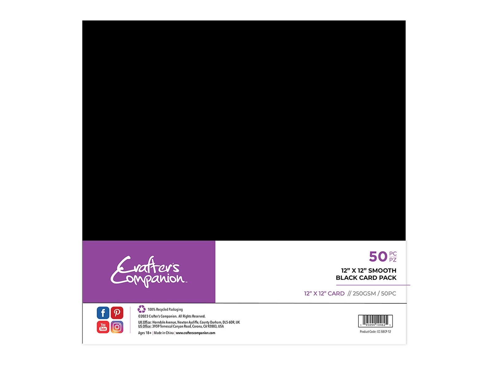 Crafter's Companion 12" x 12" Smooth Black Card Pack - 50 Sheets