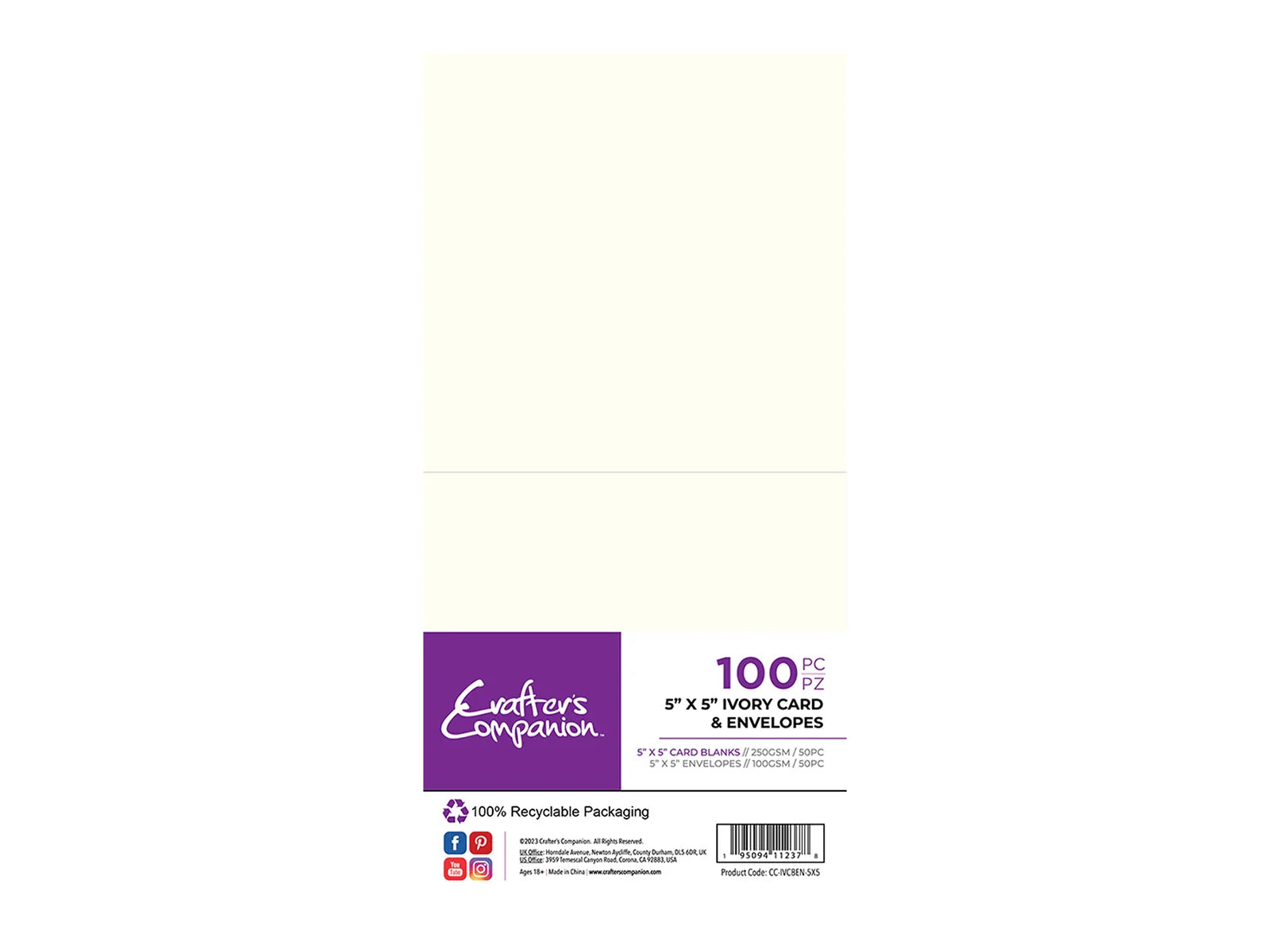 Crafters Companion 5"x5" Ivory Card & Envelopes - 100 Pack