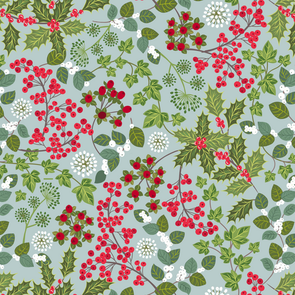 Lewis & Irene Fabric - Holly and Ivy on Winter Blue with Pearl