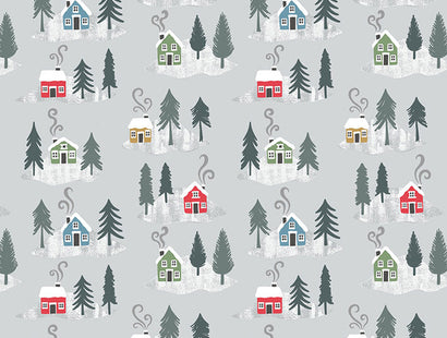 Lewis & Irene Fabric - Snow Day Houses on Silver