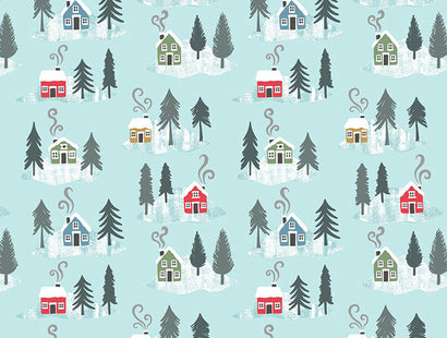 Lewis & Irene Fabric - Snow Day Houses on Icy Blue